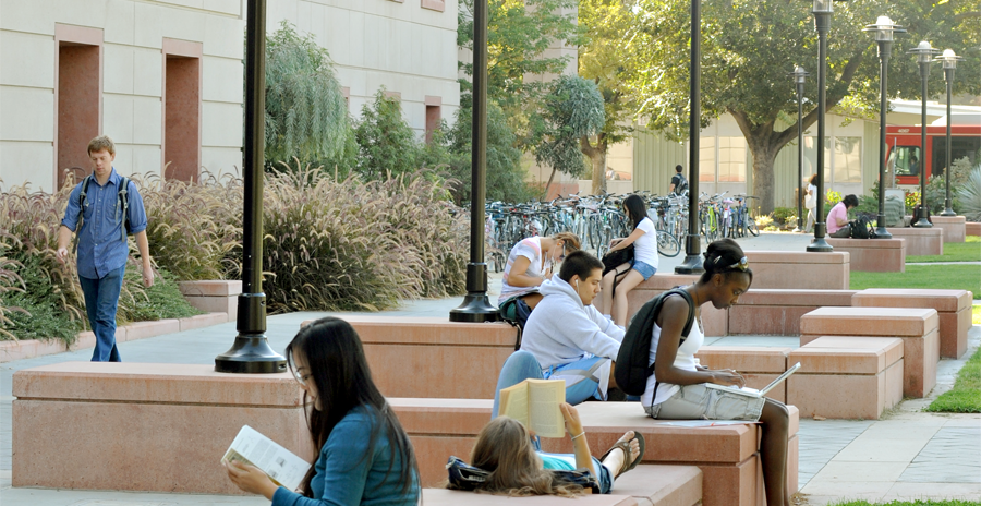 photograph of students hanging out and reading outside