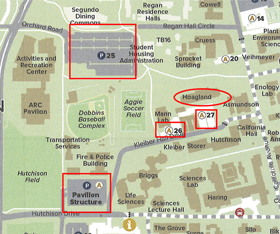map showing the location of the hoagland hall on the uc davis campus