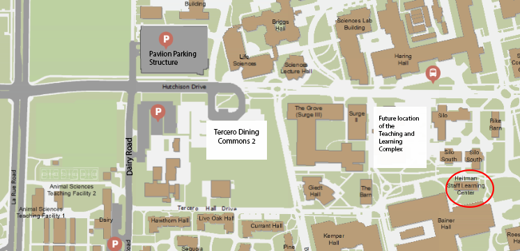 map showing the location of the heitman staff learning center on the uc davis campus