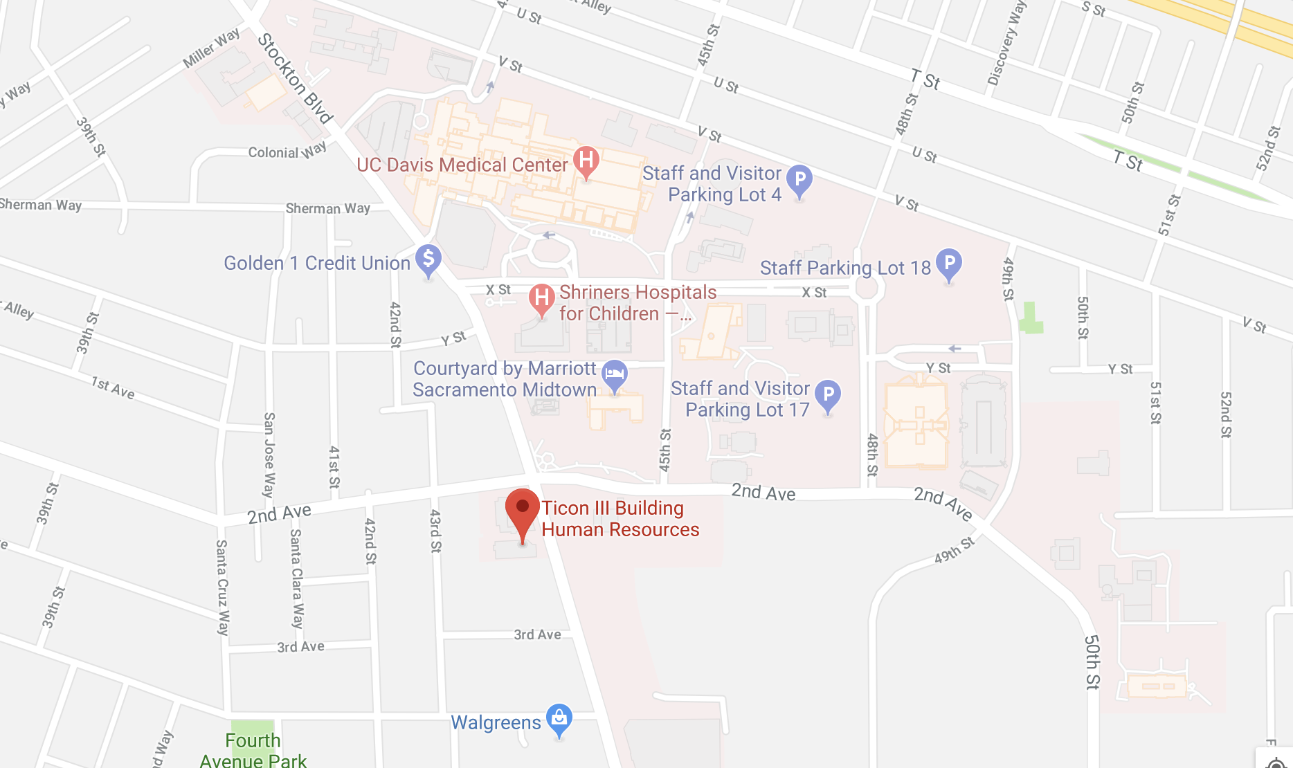 google map showing location of uc davis health HR building, Ticon 3