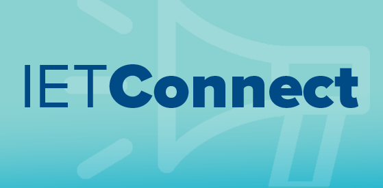 Logo for IET Connect. The back ground is light blue with the faint outline of a megaphone. The text is dark blue.