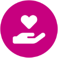 White hands holding a heart, set against a vibrant pink circle.