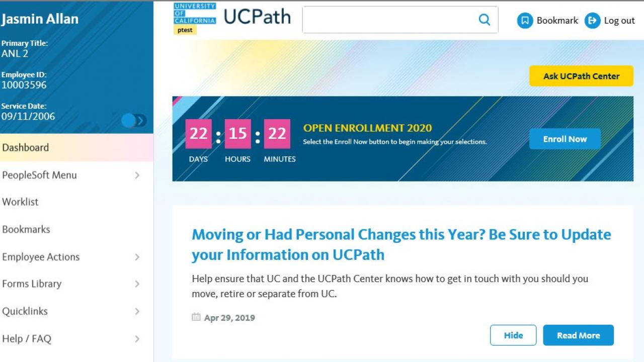 Screengrab of the UCPath Online dashboard employees will see when logging into UCPath