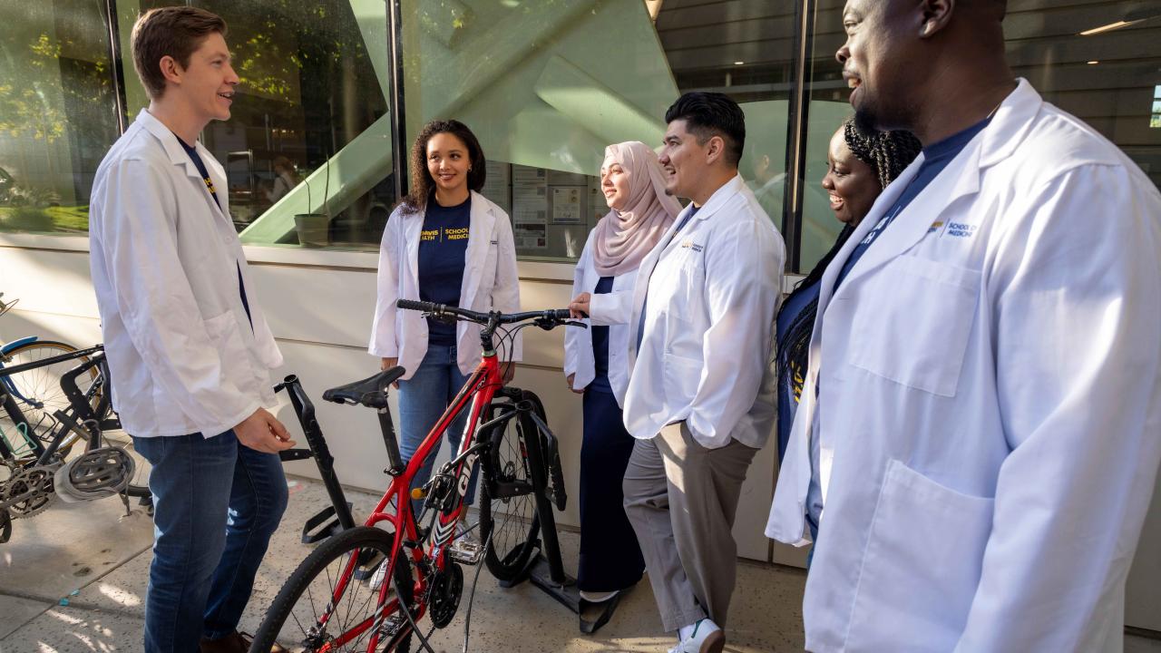 Male and female students are gathered having a conversation outside. They are standing next to a bike.