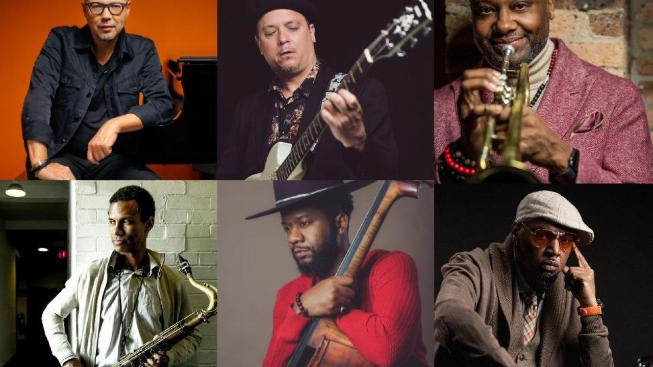 Collage of six jazz musician photos, each with an instrument or microphone