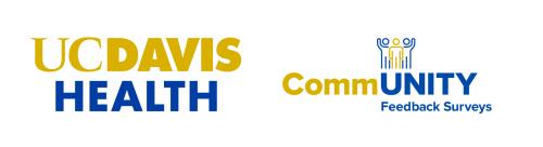 The left side of the image reads "UC Davis Health" in gold and blue. The right side features three human figures and "CommUNITY Feedback Surveys" written underneath, also in gold and blue.